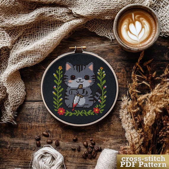 Killer Cat Cross Stitch Pattern, Dark Humor Embroidery, Feral Cat Meme (PDF)