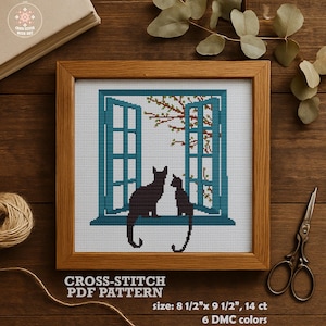 Cats Cross Stitch Pattern PDF – Cozy Cat Lovers Embroidery Printable – Minimalist Nature Inspired Wall Art for Spring Modern Home Decor