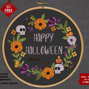 Happy Halloween cross stitch pattern. Sassy cross stitch PDF. Modern cross stitch. Flower wreath. Easy counted xstitch. Halloween embroidery image 2