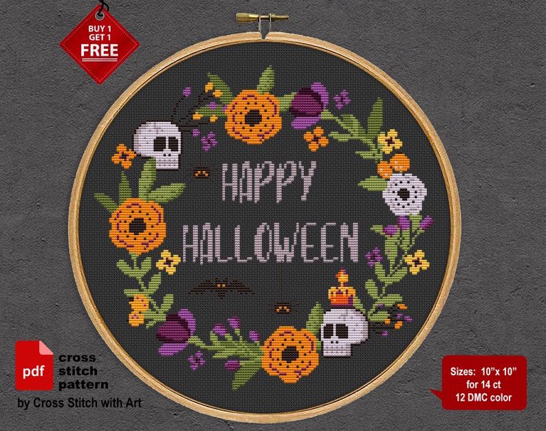 Happy Halloween cross stitch pattern. Sassy cross stitch PDF. Modern cross stitch. Flower wreath. Easy counted xstitch. Halloween embroidery image 2