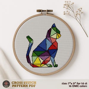 Colorful Geometric Cat Cross Stitch Pattern, Modern Polygonal Animal Embroidery (PDF Pattern)