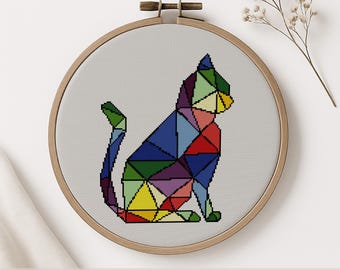 Colorful Geometric Cat Cross Stitch Pattern, Modern Polygonal Animal Embroidery (PDF Pattern)