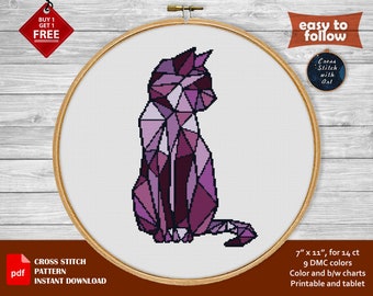 Cat cross stitch pattern. Animal cross stitch PDF. Geometric embroidery hoop art. Cat lover gift. Modern counted cross stitch chart, xstitch