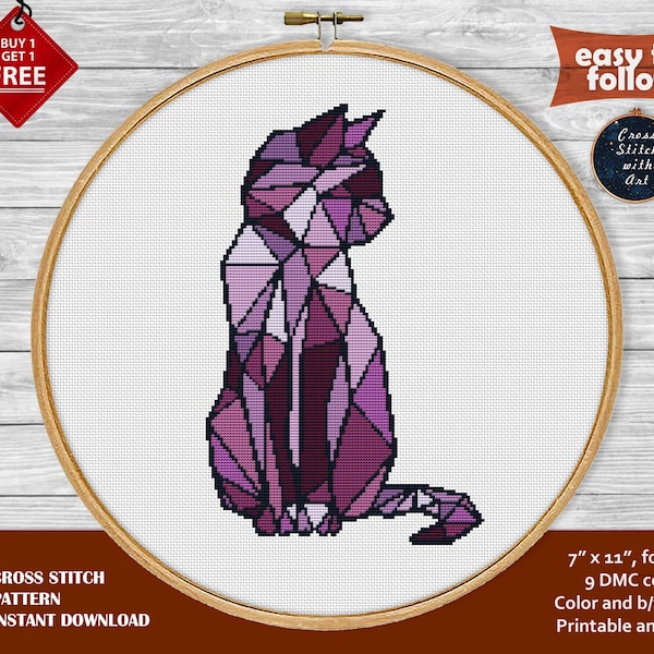 Cat cross stitch pattern. Animal cross stitch PDF. Geometric embroidery hoop art. Cat lover gift. Modern counted cross stitch chart, xstitch