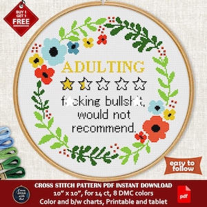 Funny cross stitch pattern. Adulting F*cking bullsh*t. Snarky cross stitch PDF. Sassy cross stitch. Easy, rude cross stitch, sarcastic quote