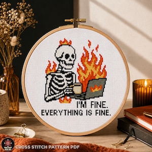 Brennendes Skelett Kreuzstichmuster, Sarkastischer Büro Humor, Corporate Burnout Meme (PDF Download)