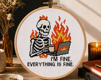 Brennendes Skelett Kreuzstichmuster, Sarkastischer Büro Humor, Corporate Burnout Meme (PDF Download)