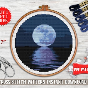 Moon cross stitch pattern. Landscape cross stitch. Nature embroidery. Modern cross stitch. Night sky Counted cross stitch PDF Home decor