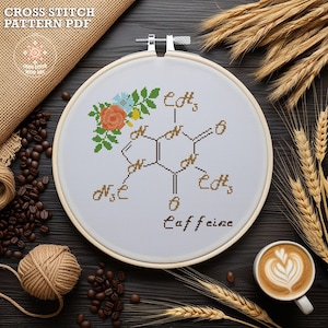 Caffeine cross stitch pattern. Modern cross stitch molecule. Kitchen cross stitch PDF. Science cross stitch. Coffee embroidery. Home decor