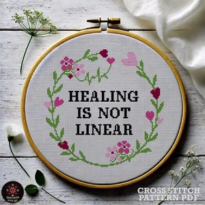 Healing Is Not Linear Cross Stitch Pattern, Floral Frame (PDF Pattern)