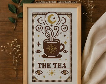 Mystical Tea Tarot Card Cross Stitch Pattern – Gothic Beginner Embroidery (PDF Chart)
