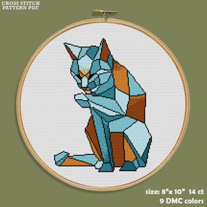 Aquamarijn geometrisch kat kruissteekpatroon pdf – modern kattenborduurontwerp - veelhoekige dierenkruissteekkaart - eigentijds decor