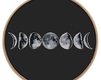 Moon Phases Cross Stitch Pattern: Lunar Nature Embroidery (PDF Download)