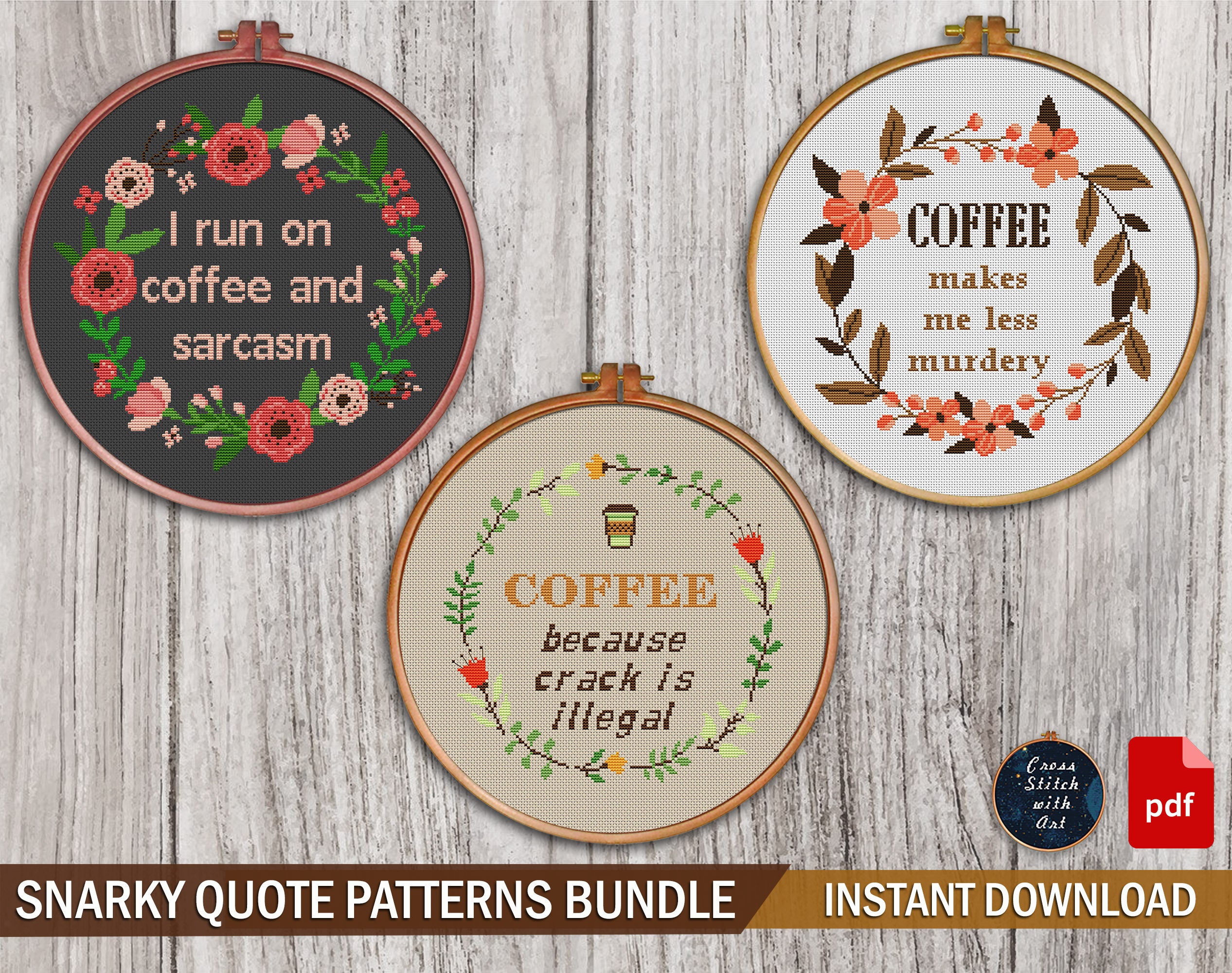 Coffee Quote Cross Stitch Pattern Download PDF Coffee Sampler 