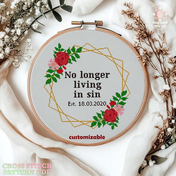 Funny Wedding Cross Stitch Pattern, Customizable Floral Embroidery (PDF)