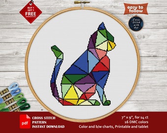 Cat cross stitch pattern. Funny Animal cross stitch PDF. Geometric embroidery. Cat lover gift. Modern counted cross stitch chart, polygonal