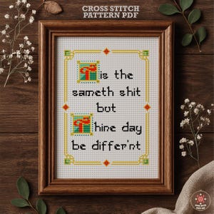 Op de afbeelding: Een ingelijst kruissteekpatroon met de tekst "is the sameth shit bot thine day be differ'nt". De lijst is bruin en de tekst is in zwart, groen en rood. De woorden "CROSS STITCH PATTERN PDF" staan bovenaan.