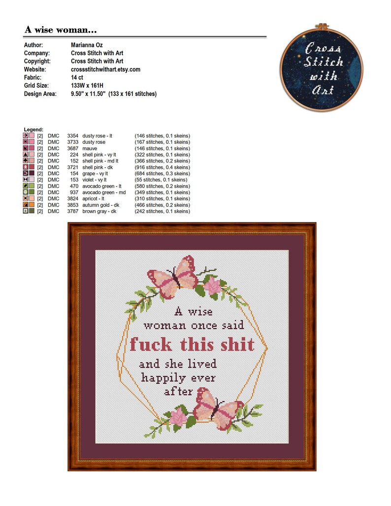 A Wise Woman Once Said F*ck This Shit. Funny Cross Stitch Pattern PDF. Feminist Quote Sampler with Butterfly Embroidery Design image 4
