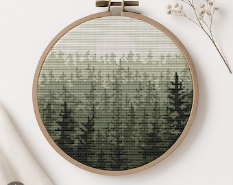 Grey Forest Cross Stitch Pattern: Landscape Embroidery, Nature Design (PDF)