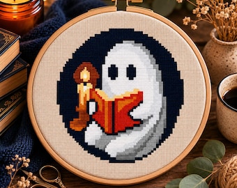 Geist lesen Kreuzstichmuster: Winziger Halloween Bücherwurm Stickdatei
