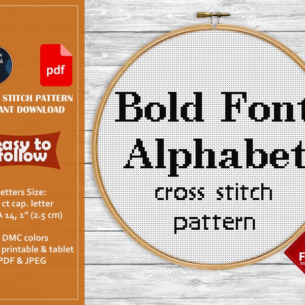 Bold Font Cross stitch pattern. ABC cross stitch sampler. Alphabet cross stitch PDF. Letter cross stitch modern. Lettering embroidery chart