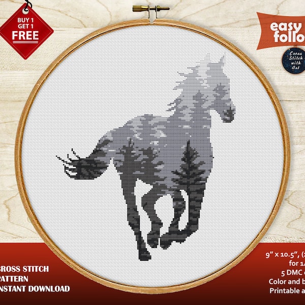 Horse cross stitch pattern. Animal cross stitch PDF. Scandinavian nature cross stitch. Easy, counted cross stitch. Forest animal embroidery