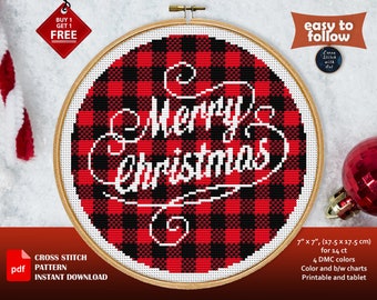 Merry Christmas cross stitch pattern. Xmas cross stitch PDF. Christmas embroidery lettering. Buffalo plaid cross stitch Easy counted xstitch