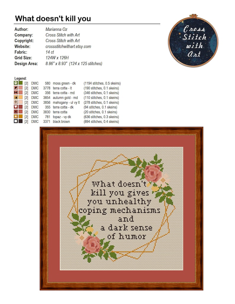 What Doesn't Kill You Cross stitch pattern. Adult cross stitch PDF. Modern flower cross stitch. Snarky cross stitch, sarcastic quote, funny image 7