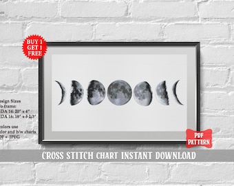 Moon phases cross stitch pattern. Moon cross stitch PDF. Modern cross stitch. Counted planet cross stitch. Science, geek cross stitch nature
