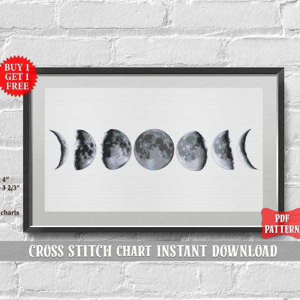 Moon phases cross stitch pattern. Moon cross stitch PDF. Modern cross stitch. Counted planet cross stitch. Science, geek cross stitch nature