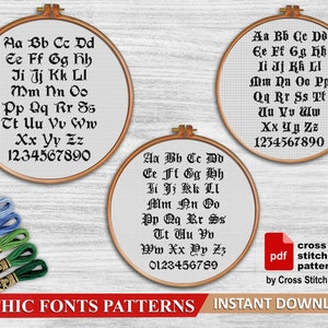 Padrões de ponto cruz com fontes góticas. Amostra de ponto cruz ABC. PDF de ponto cruz com alfabeto. Ponto cruz com letras modernas, texto xstitch, bordado