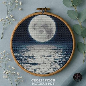 Patrón de punto de cruz "Luz de luna", "Luna llena en el océano", diseño de bordado moderno (descarga de patrón en PDF)