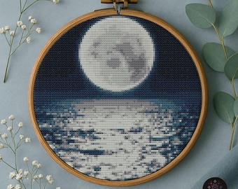 Moonlight Cross Stitch Pattern, Full Moon Ocean, Modern Embroidery Design (PDF Pattern Download