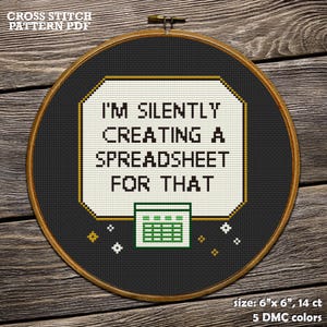 Funny Office Cross Stitch Pattern PDF – Silently Creating a Spreadsheet – Geeky Excel Embroidery Chart, Nerdy Gift for Coworker or Boss