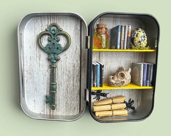 Miniature cabinet of curiosities with a dragon skull and egg, ants, books, scrolls, and a mysterious vial
