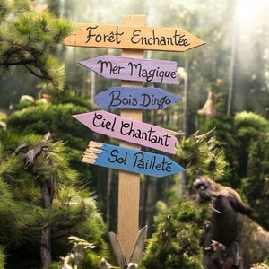 Peut inclure: Un poteau indicateur en bois avec cinq flèches colorées pointant dans différentes directions. Chaque flèche porte une phrase française écrite dessus : "Foret Enchantee", "Mer Magique", "Bois Dingo", "Ciel Chantant", et "Sol Paillete".