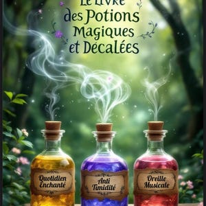 Peut inclure: Image de trois flacons en verre avec des bouchons en liège, chacun rempli d'un liquide de couleur différente. Les bouteilles sont étiquetées "Quotidien Enchanté", "Anti Timidité" et "Oreille Musicale". Le titre "Le Livre des Potions Magiques et Décalées" est en haut.