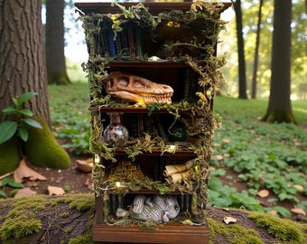 Illuminated library of curiosities with a hand-carved baby mandrake, dinosaur skull, and forest foliage