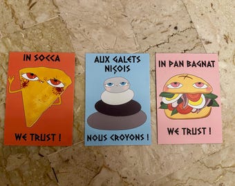 Drie ansichtkaarten van de goden van Nice