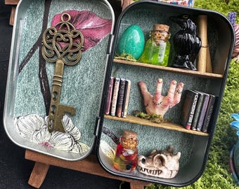 A cabinet of curiosities with nods to Tim Burton's Wednesday Addams series