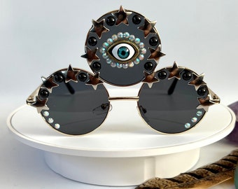 Black Third Eye Metal Sunglasses with Ornate Third Eye and Stars