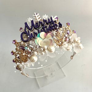 Paarse en witte parel sierlijke MERRY CHRISTMAS kroon tiara hoofdband sprankelend