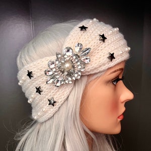 Cream Jewelled Winter Knitted Headband UK