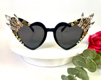 Black Heart Embellished Statement Sunglasses