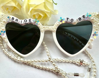 Bride To Be White Large Heart Jeweled Sunglasses with Pearl Glasses Chain