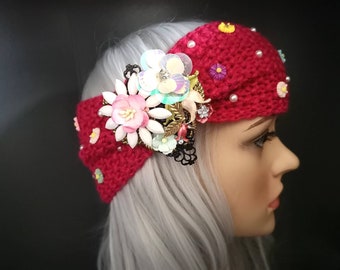 Women's Pink Knit Headband with Flower Embellishments