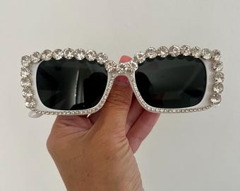 White Rectangular Rhinestone Statement Sunglasses, Bride Sunglasses