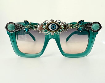 Unisex Turquoise 3rd Eye Embellished Statement Unique Sunglasses