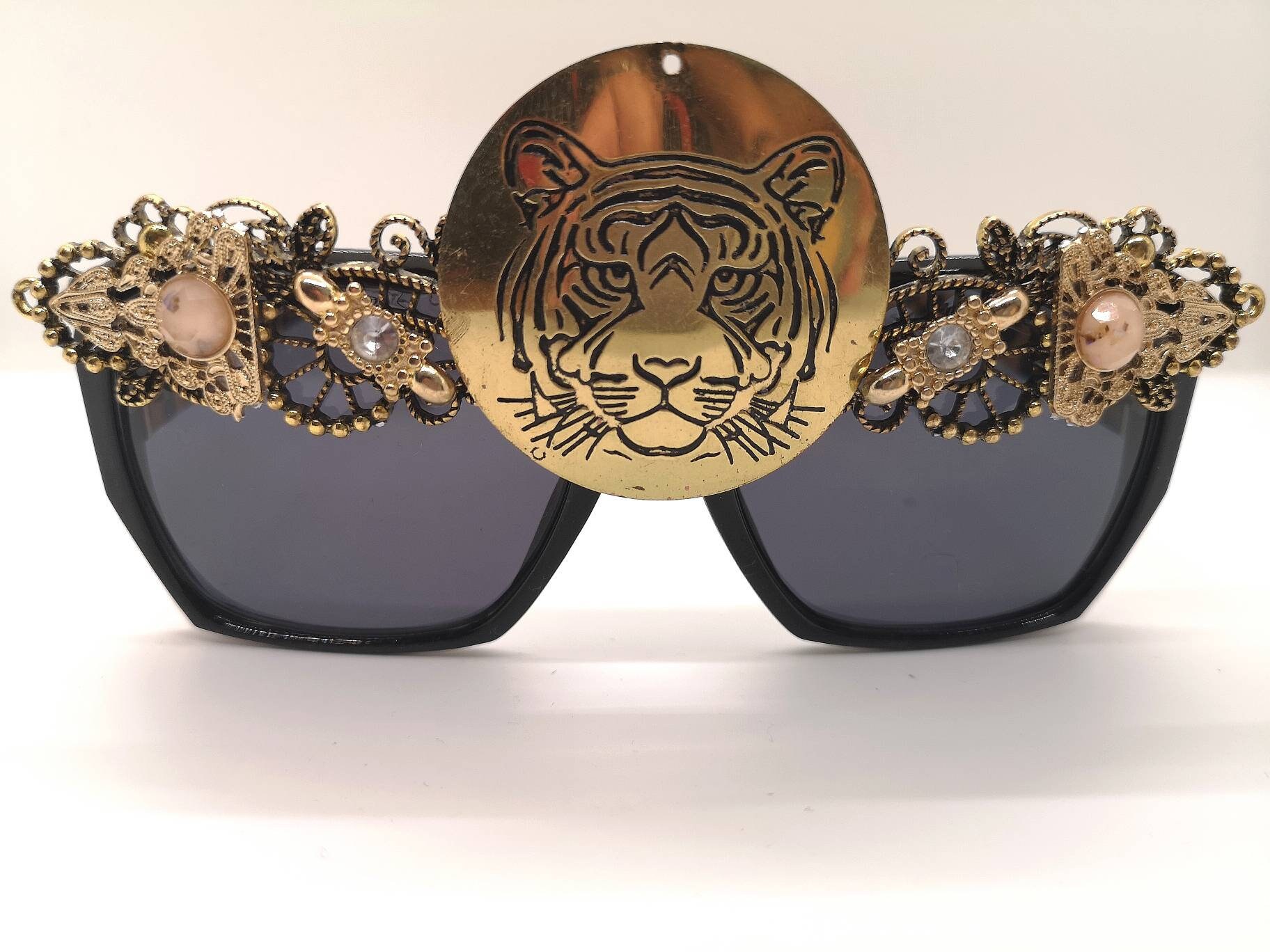 Big Black and Gold Embellished Sunglasses With a Tiger Head | Etsy Ireland