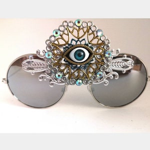 SILVER Metallic Festival Rave Third Eye Round Funky Clothing Accessories Sunglasses Unisex image 2